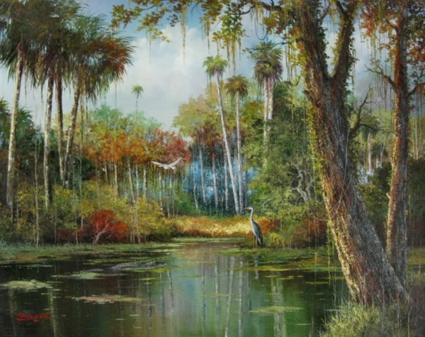 "Old Florida with Gator" by Villaflor Bacci, size 30w x 24h