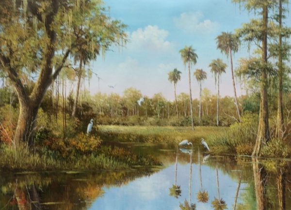 "Florida Lake with Birds" by Villaflor Bacci, size 40w x 30h