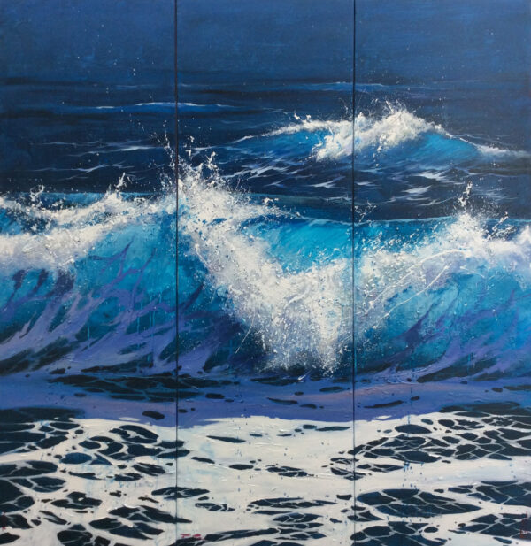 "Breaking Waves Tryptic" by Fran Martin, size 59.5w x 59h