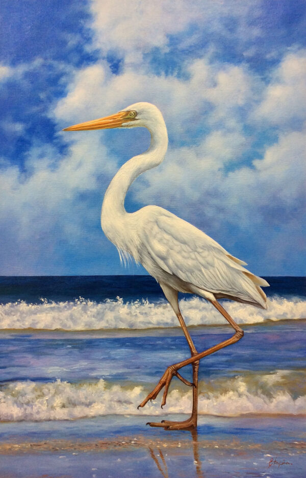 "Egret on the Beach I" by Tapia, size 24w x 36h