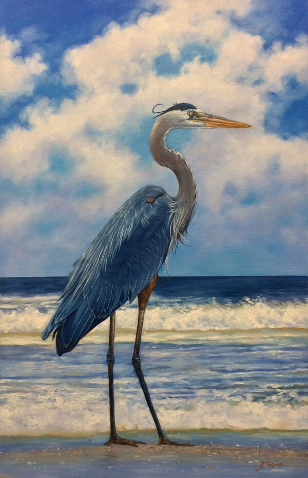 "Blue Heron on the Beach I" by Tapia, size 24w x 36h