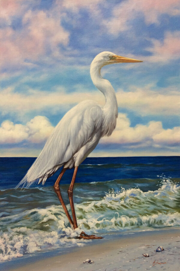 "Egret on the Beach II" by Tapia, size 24w x 36h