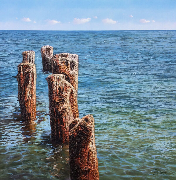 "Beach Pilings" by Soler, size 39w x 39h