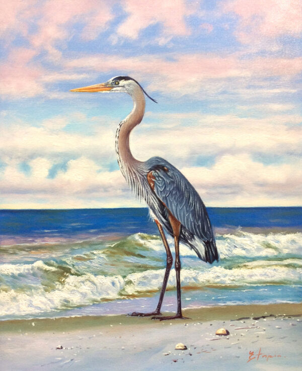 "Heron on the Beach" by Tapia, size 16w x 20h