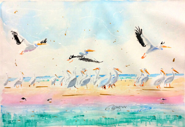 "Pelicans" by Eduardo Romaguera, size 60w x 40h