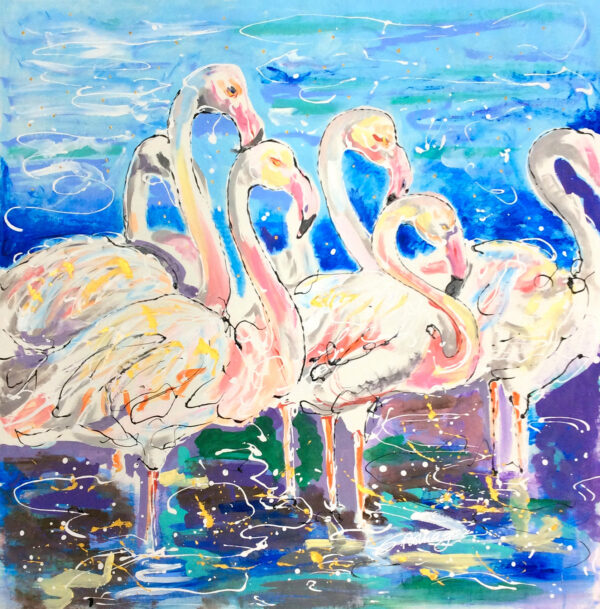 "Flamingos lll" by Eduardo Romaguera, size 47" x 47"